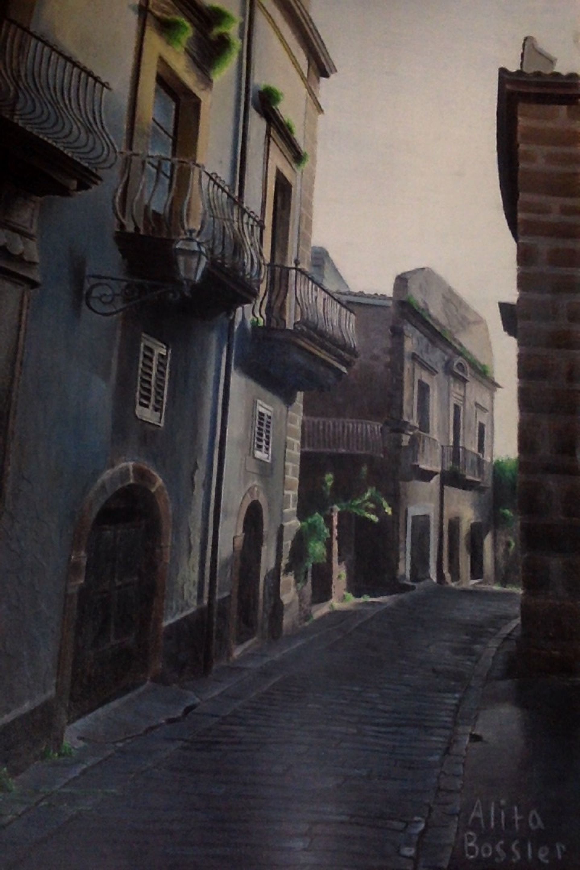 Alita's colored pencil work of buildings in a city