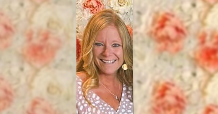 A headshot of Krista Johnson with a background of peony flowers.